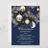 Kerst diner partij goud en marine blauwe balletjes kaart (Voorkant)