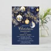 Kerst diner partij goud en marine blauwe balletjes kaart (Staand voorkant)