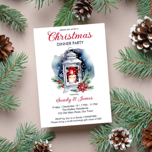 Kerst diner partij lantaarn poinsettia kaart