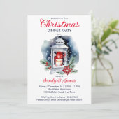 Kerst diner partij lantaarn poinsettia kaart (Staand voorkant)