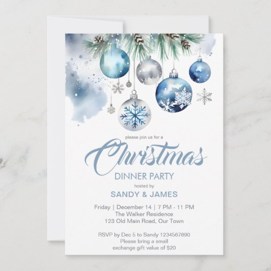 Kerst diner partij zilveren blauwe baubles kaart (Voorkant)