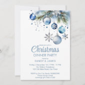 Kerst diner partij zilveren blauwe baubles kaart (Voorkant)