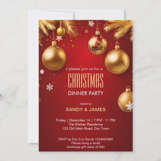 Kerst dinerfeest goud en rode baubles kaart (Voorkant)