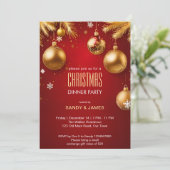 Kerst dinerfeest goud en rode baubles kaart (Staand voorkant)