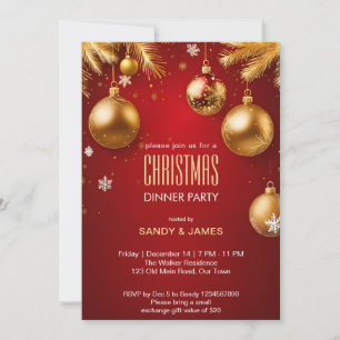 Kerst dinerfeest goud en rode baubles kaart