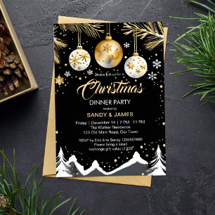 Kerst dinerfeest goud en zwarte ballen kaart