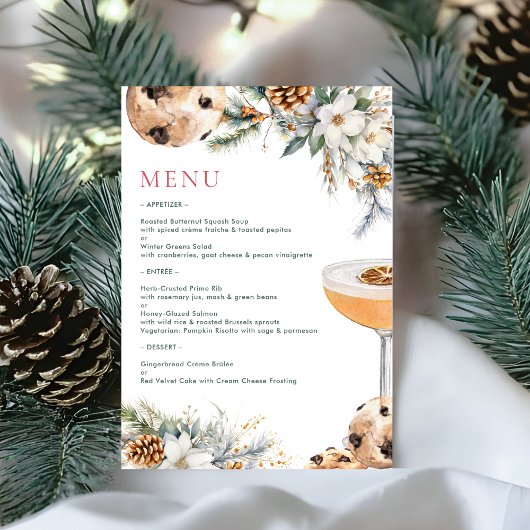 Kerst dinerfeest met cocktails en winterbloemen menu