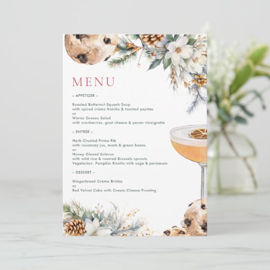 Kerst dinerfeest met cocktails en winterbloemen menu (Staand voorkant)