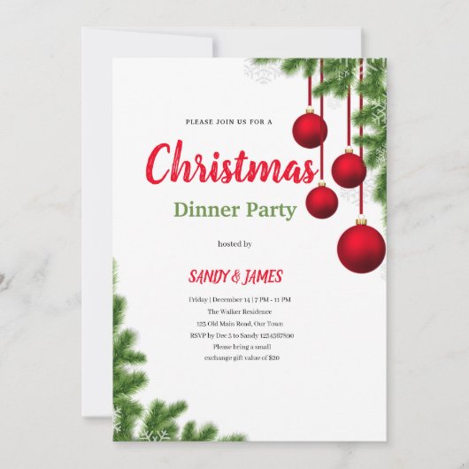 Kerst dinerfeest rood groen bellen uitnodiging (Voorkant)