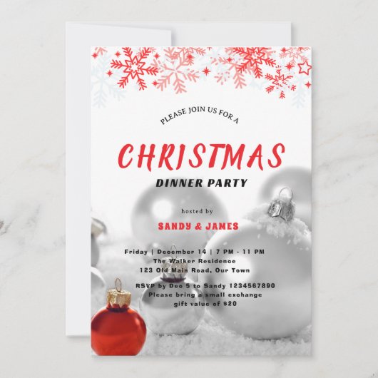 Kerst dinerfeest zilver rode baubles  kaart (Voorkant)