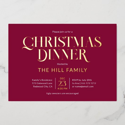 Kerst Dinner Elegant Rood Folie Uitnodiging (Voorkant)