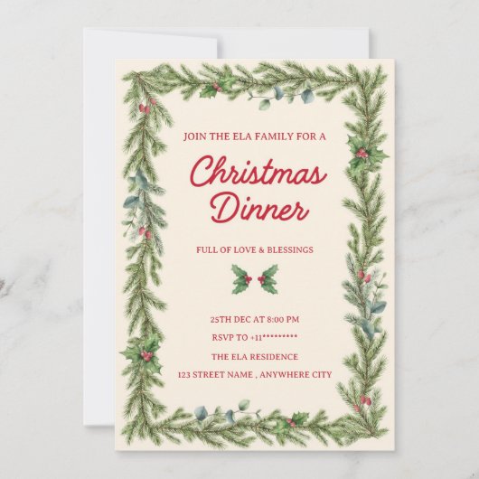Kerst Dinner Uitnodigingskaart Kaart (Voorkant)