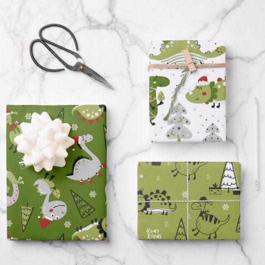 Kerst Dinosauriërs Inpakpapier Set van 3 Vel (Voorkant)