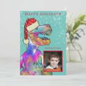 Kerst Dinosaurus Custom Foto Feestdagenkaart (Staand voorkant)
