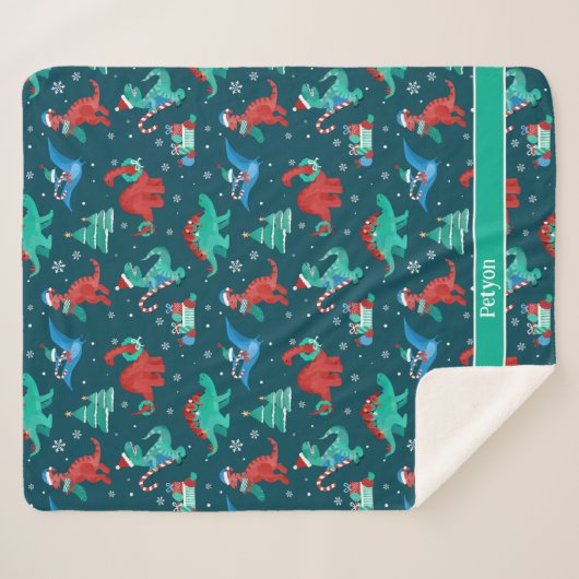 Kerst Dinosaurus Kinder Fun Holiday gepersonalisee Sherpa Deken (Voorkant (horizontaal))