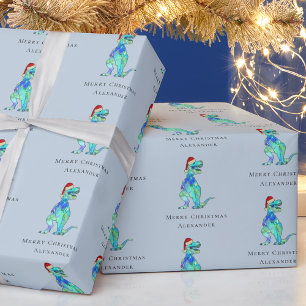 Kerst Dinosaurus T-Rex Gepersonaliseerde Boy Blue Cadeaupapier