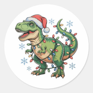 Kerst Dinosaurus T Rex Zalig Kerstfeest Verlichtin Ronde Sticker