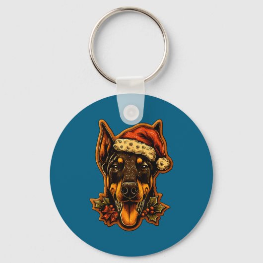 Kerst Dobermann Hond Met Sinterklaas Hoed Peperkoe Sleutelhanger (Voorkant)