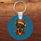Kerst Dobermann Hond Met Sinterklaas Hoed Peperkoe Sleutelhanger (Voorkant)