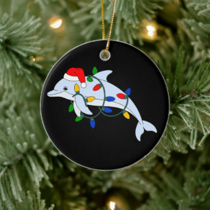 Kerst Dolfijn Kerstman Hoed Kerst Lichtjes Oceaan Keramisch Ornament