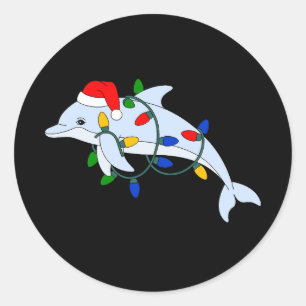 Kerst Dolfijn Kerstman Hoed Kerst Lichtjes Oceaan Ronde Sticker