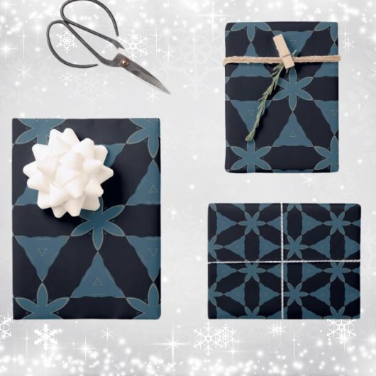 Kerst donkerblauw en goud geometrische bloem inpakpapier vel