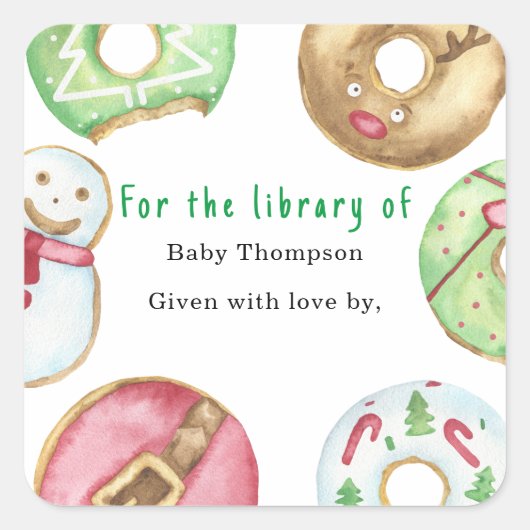 Kerst donuts koekjes - baby shower bookplate vierkante sticker (Voorkant)