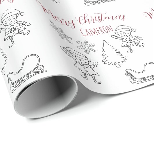 Kerst Doodle Elves aangepaste naam Cadeaupapier (Rol Hoek)