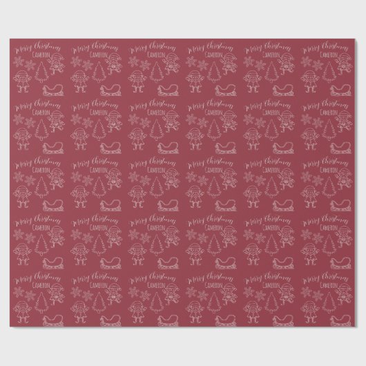 Kerst Doodle Elves Custom Naam Rood Cadeaupapier (Vlak)