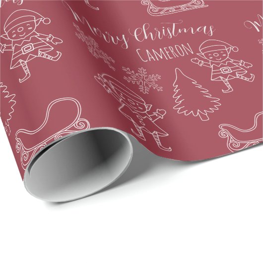 Kerst Doodle Elves Custom Naam Rood Cadeaupapier (Rol Hoek)