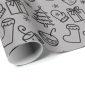 Kerst Doodle Patroon Grijs en Zwart Gift Cadeaupapier (Rol Hoek)