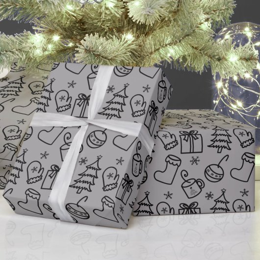 Kerst Doodle Patroon Grijs en Zwart Gift Cadeaupapier