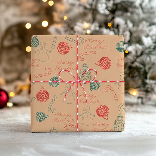 Kerst Doodle Patroon | Sneeuwmannen, Bomen & Snoep Cadeaupapier