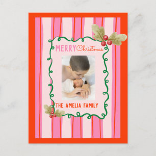 Kerst Doodle Roze Rode Rand Foto Vakantie  Briefkaart