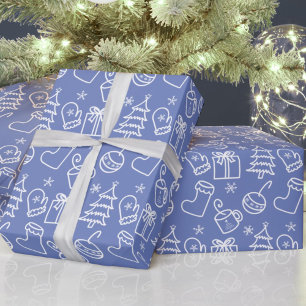Kerst doodles Grijs Sapphire Blauw Paarse Cadeaupapier