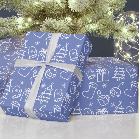 Kerst doodles Grijs Sapphire Blauw Paarse Cadeaupapier