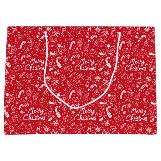 Kerst Doodles Red Vrolijk Kerstfeest Groot Cadeauzakje (Voorkant)