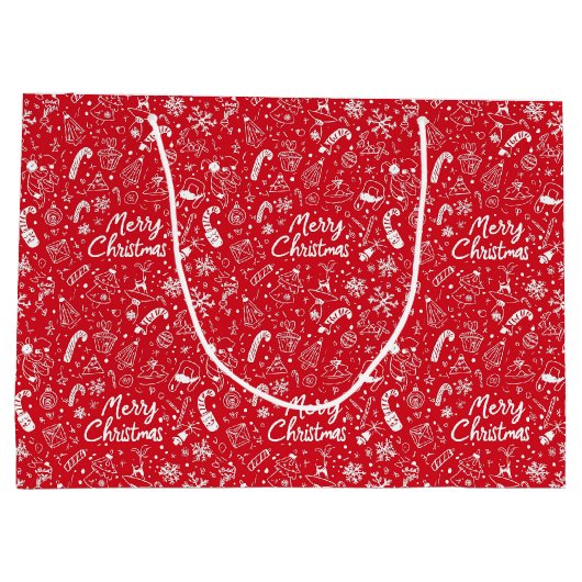 Kerst Doodles Red Vrolijk Kerstfeest Groot Cadeauzakje (Achterkant)