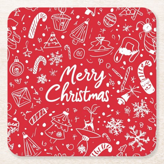 Kerst Doodles Red Vrolijk Kerstfeest Kartonnen Onderzetters (Voorkant)