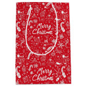 Kerst Doodles Red Vrolijk Kerstfeest Medium Cadeauzakje (Voorkant)