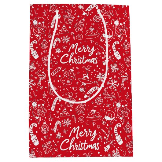 Kerst Doodles Red Vrolijk Kerstfeest Medium Cadeauzakje (Voorkant)