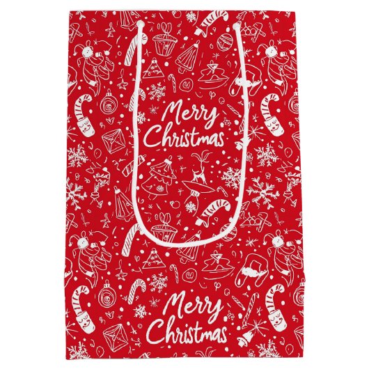 Kerst Doodles Red Vrolijk Kerstfeest Medium Cadeauzakje (Achterkant)