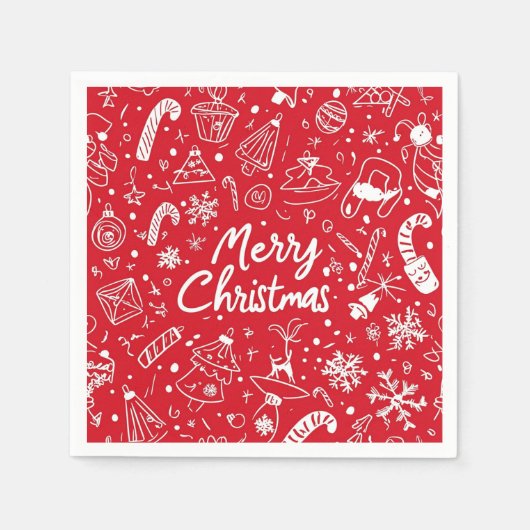 Kerst Doodles Red Vrolijk Kerstfeest Servet (Voorkant)