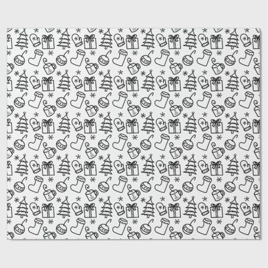Kerst doodles zwart & wit kleur je eigen cadeaupapier (Vlak)