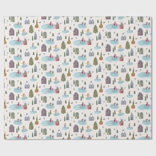 Kerst Dorp Patroon tekst 'Vrolijk Kerstfeest' Cadeaupapier (Vlak)