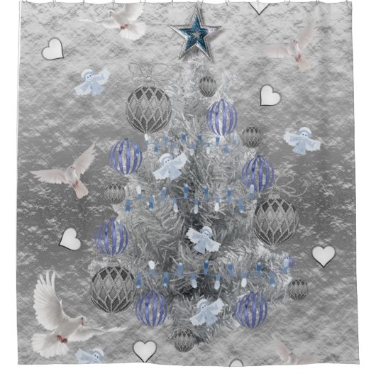 Kerst douche gordijn, blauwe zilveren boom douchegordijn (Voorkant)