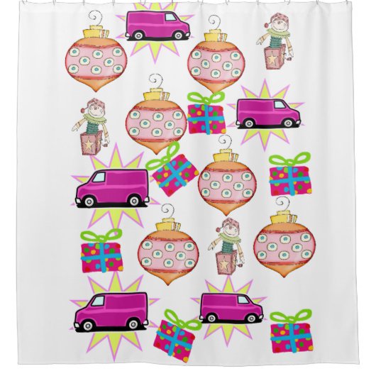 Kerst douche gordijn roze auto (Voorkant)