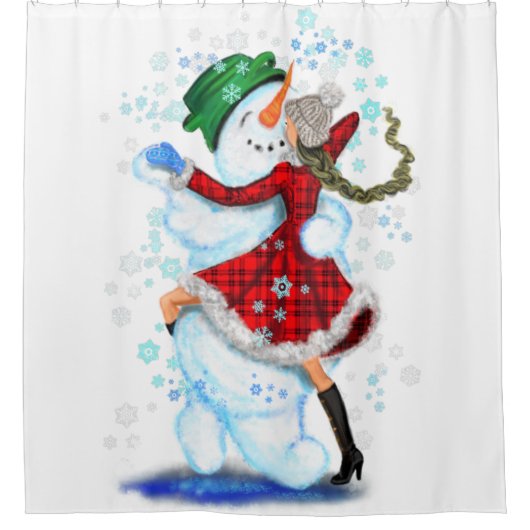 Kerst Douche Gordijn Sneeuwman en meisje dansers (Voorkant)