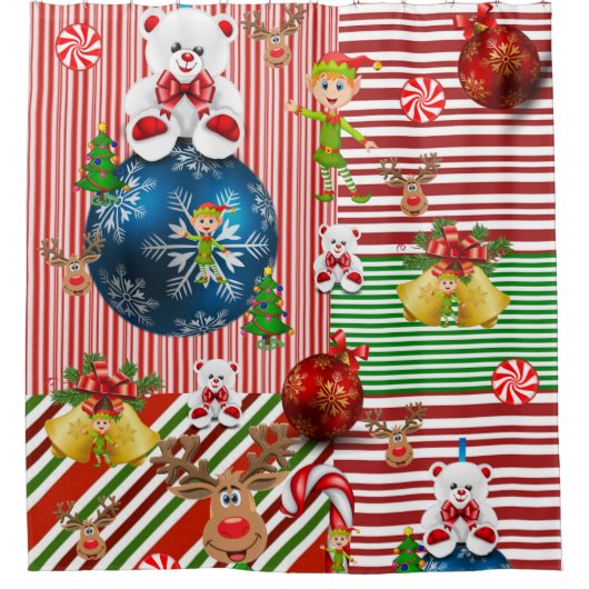 Kerst douche gordijn, Teddy beer streep Douchegordijn (Voorkant)