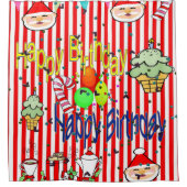 Kerst Douchegordijn, Streep Happy Birthday Douchegordijn (Voorkant)